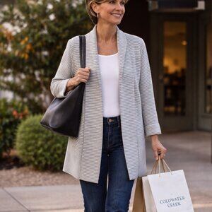 Coldwater Creek Cardigan Sweater Open Front Grey Ivory Cotton Stripe XL